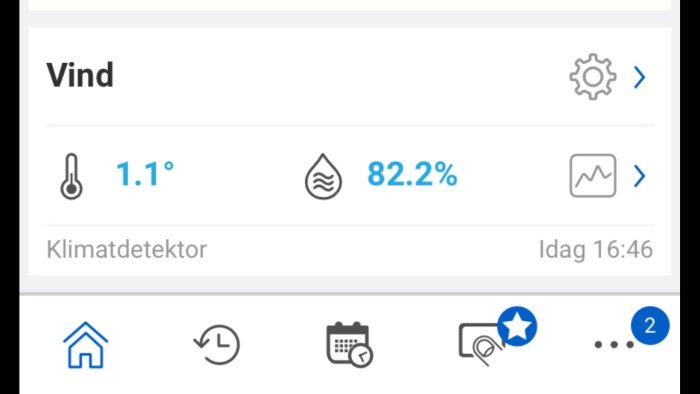 Skärmdump av klimatdetektor som visar 1.1°C och 82.2% luftfuktighet inomhus.