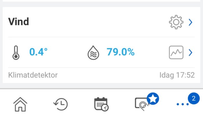 Skärmdump av klimatdetektor som visar 0.4°C och 79% luftfuktighet i en oinredd vind.