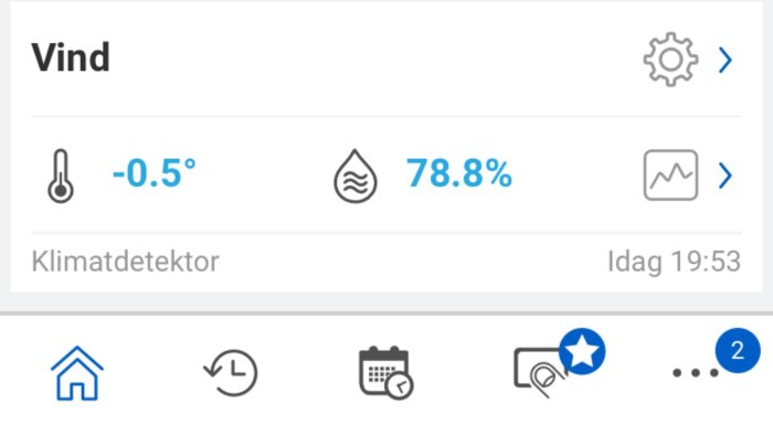 Skärmdump av klimatsensor visar inomhustemperatur på -0.5°C och luftfuktighet på 78.8%.