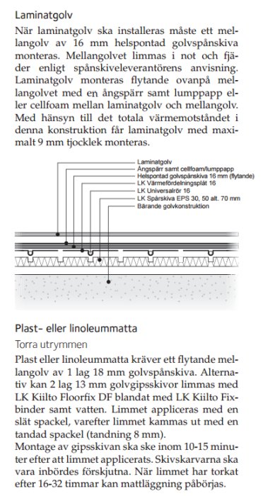 Diagram som illustrerar installation av laminatgolv över golvvärme med skikt av spånskiva och cellfoam, samt textinstruktioner.