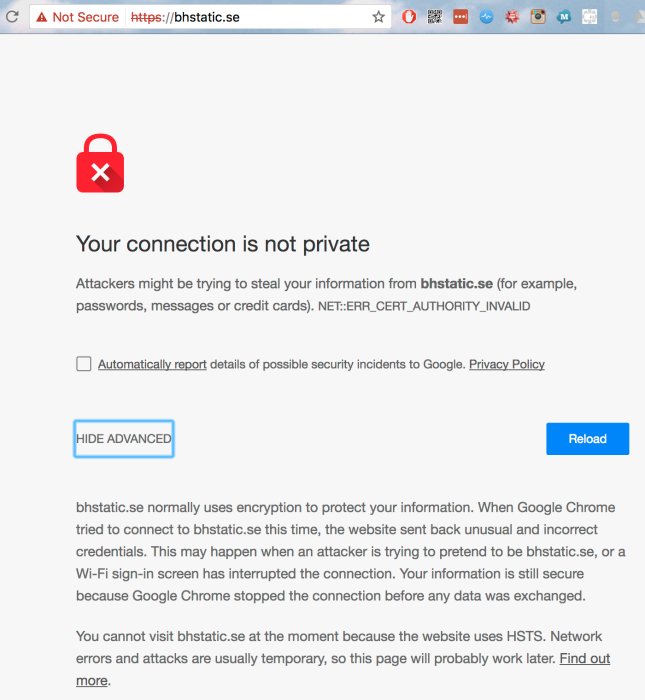 Säkerhetsvarningsmeddelande i Chrome på Mac: "Din anslutning är inte privat" på bhstatic.se