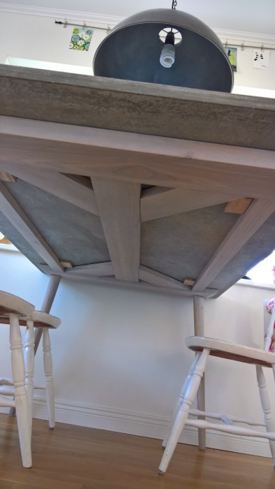 Undersidan av ett hemmagjort bordsställ i trä med en tung betongskiva, synliga mittenplanka och diagonala reglar.