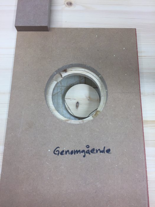 En trämall med ett färdigt, komplicerat hål och texten "Genomgående" skrivet i svart på mallen.