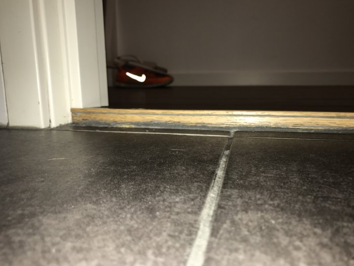 Närbild på en svartvit tröskellist vid en dörröppning, där listens kant sticker upp från golvet.