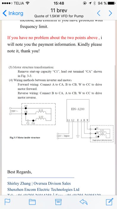 Skärmbild av e-post med tekniska diagram över en 1.5kW 3 fas pump kopplingsinstruktioner.