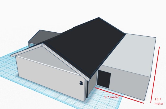 3D-modell av ett hus och intilliggande garage med overlappande måttlinjer för en påtänkt utbyggnad.