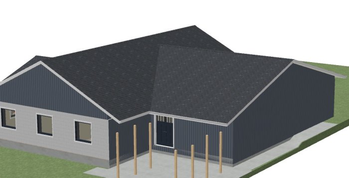 3D-modell av ett hus och garage med olika takhöjder och sadeltak.