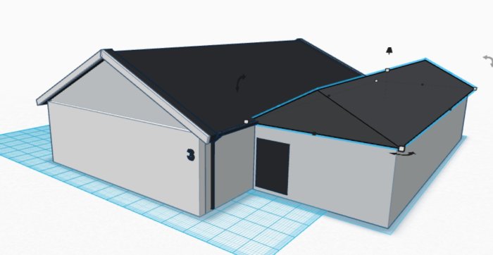 3D-modell av hus och garage med potentiell utbyggnad som visar olika takalternativ.