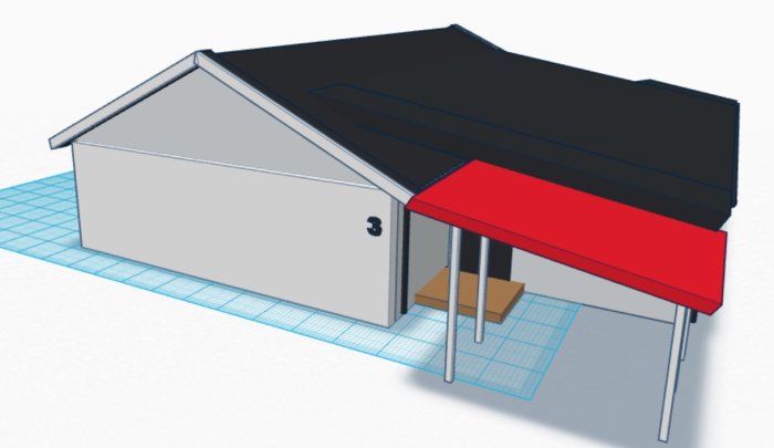 3D-modell av potentiell utbyggnad av hus med integrerat garagetak och varierad takhöjd.