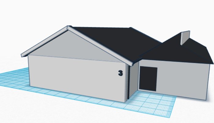 3D-modell av hus med utbyggnadsmöjlighet, visar hus och garage med möjlig sadeltaksdesign.