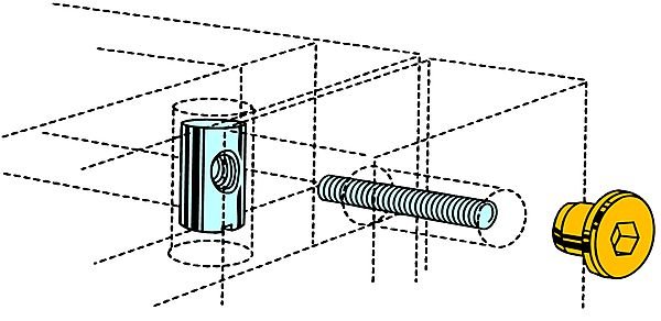 Illustration av sargsprint med skruv för montering i möbelkonstruktion.