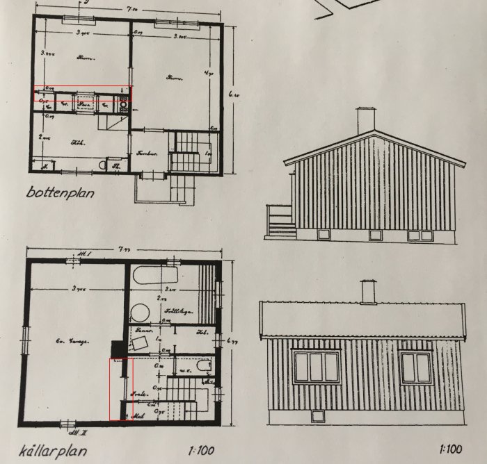 Ritningar av hus med rödmarkerade väggar som ifrågasätts vara bärande, bottenvåning och källarplan.