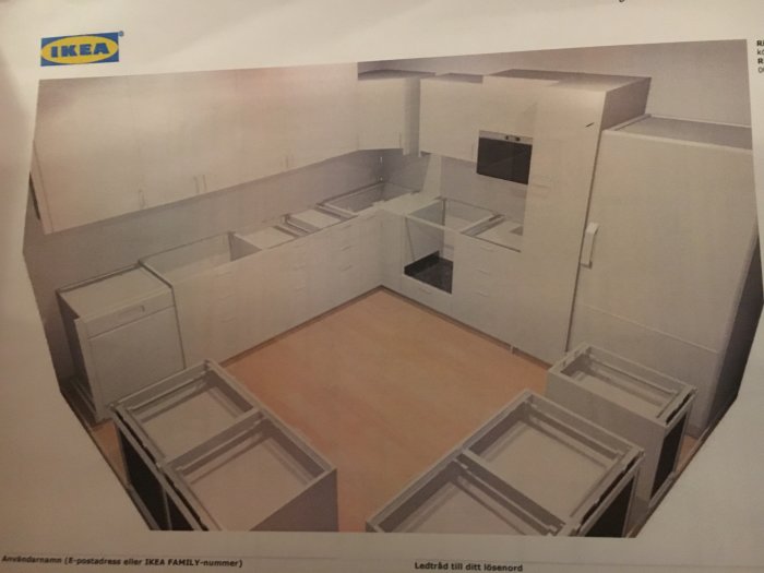 Schematisk illustration av ett IKEA-köksdesign med skåp, lådor och inbyggda apparater.