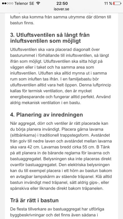 Skärmdump av en webbsida med text om bastuventilation och inredningsplanering.