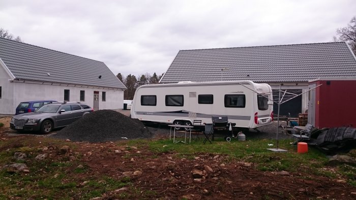 Husvagn parkerad vid byggarbetsplats med öppet markområde och bostad i bakgrunden.