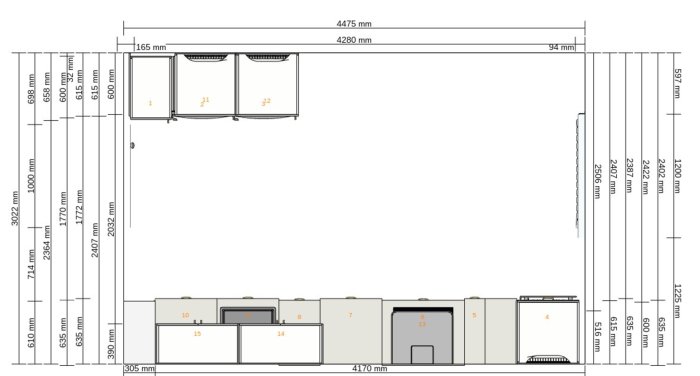 Ritning av ett kökslayoutalternativ med olika storlekar på skåp och apparater samt dimensioner markerade.