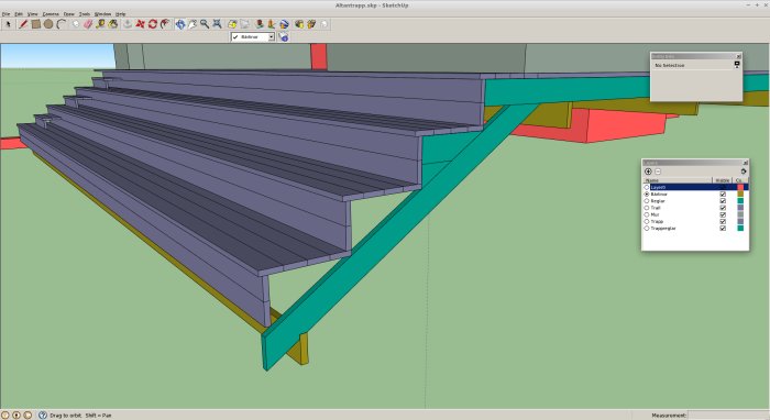 3D-modell av en trappa i byggprogrammet SketchUp med tydliga lager och konstruktionsdetaljer.