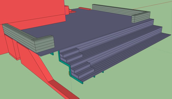 3D-modell av trappkonstruktion med bärlinor och steg, planering för byggprojekt.