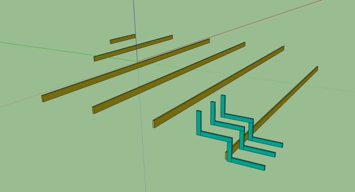 3D-modell av en trätrappkonstruktion med markerade bärlinor och reglar.