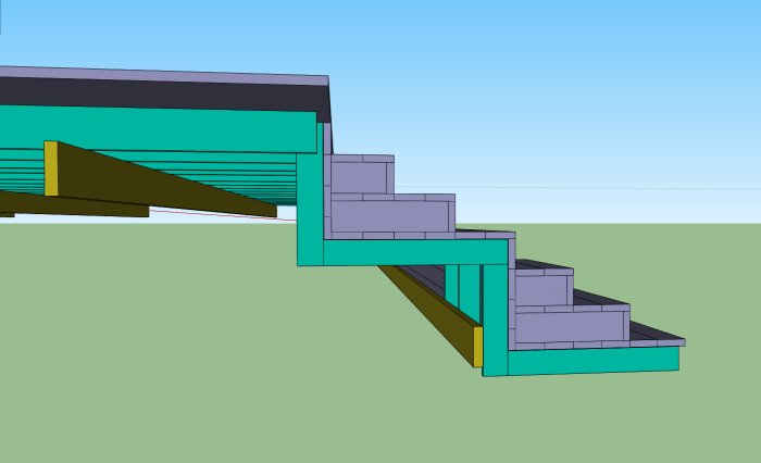 3D-modell av en utomhustrappa i anslutning till en byggnad, planerad för byggprojekt.