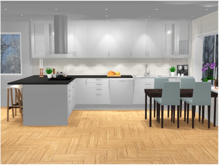 Modern köksdesign med svart köksö, vita skåp, diskho vid fönster och matbord med stolar.