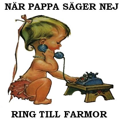 En illustration av ett ledsen barn som håller i en telefon med texten "När pappa säger nej, ring till farmor".