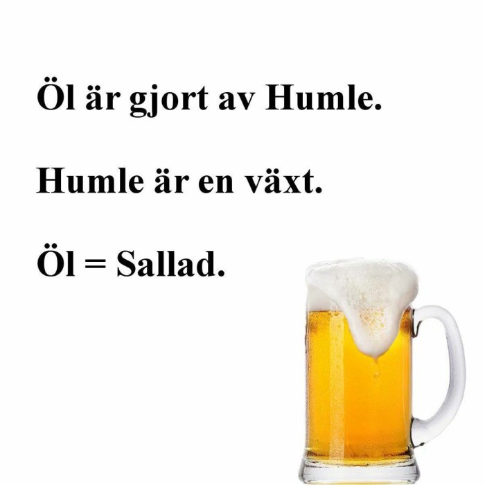 Ölsejdel med överskummande öl, intill text om humle och ett skämtsamt påstående att öl är lika med sallad.