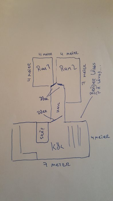 Handritad skiss av en husplan med beskrivning av rum och mått.