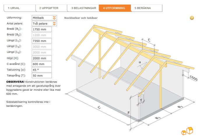 Illustration av en takkonstruktion med måttangivelser och specifikationer för utformning av nockbalkar och takåsar.