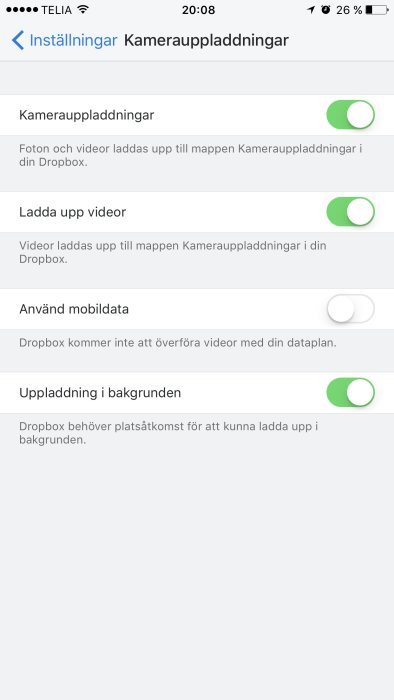 Skärmdump av Dropbox-inställningar för fotouppladdning, ladda upp i bakgrunden och använd mobildatatillval aktiverade.