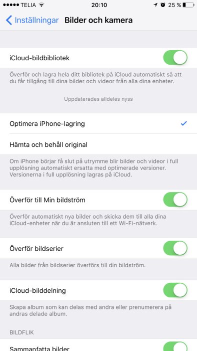 Skärmdump av iPhone-inställningar för iCloud och bildlagring med aktiverade alternativ.