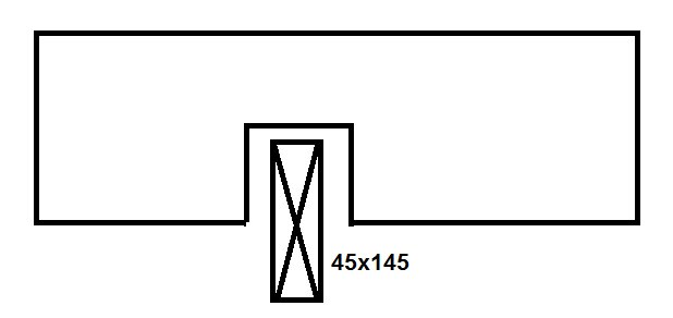 Ritning som visar krysskolvning urtagen för 45x145 träbjälke inom ett byggnadsprojekt.