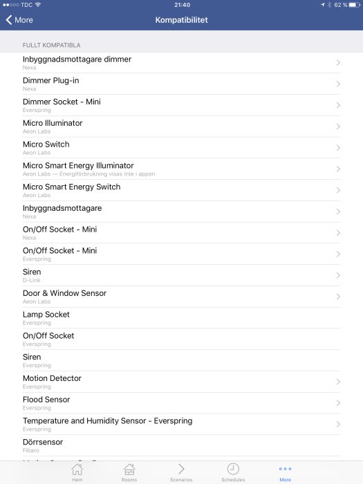Skärmdump av en kompatibilitetslista för smart hem-utrustning med olika sensorer och brytare.