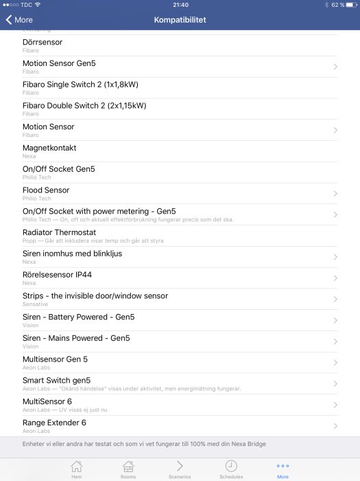 Skärmdump av kompatibilitetslista för smarta hem-enheter med diverse sensorer och strömbrytare.