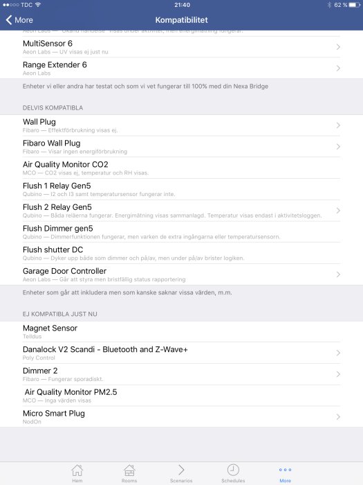 Skärmdump av en kompatibilitetslista för smarta hem-enheter med rubriker som 'Delvis kompatibla' och 'Ej kompatibla'.
