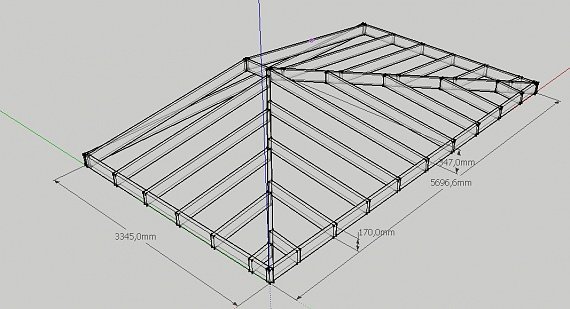 3D-modell av takstolar för låglutande valmat tak med måttangivelser.