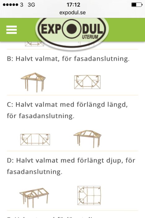 Illustrationer av tre takkonstruktioner med benämningarna B, C och D för olika typer av uterum.