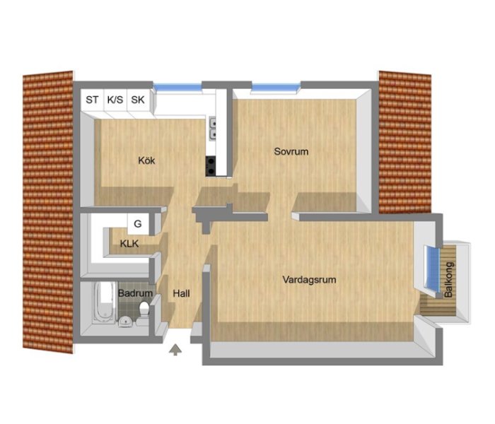 Planritning av en bostadsrätt med markerad köksrenovering och blåmarkerad plats för diskmaskin.