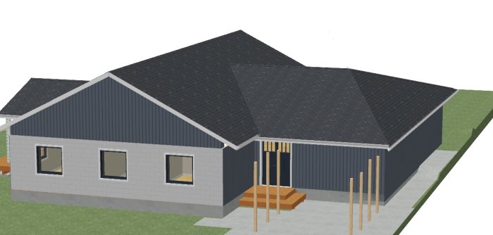 3D-modell av ett hus med valmat tak, fasad i grått och detaljer under konstruktion.