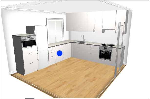 3D-plan av ett L-format kök, blå markering visar diskmaskinens planerade plats.