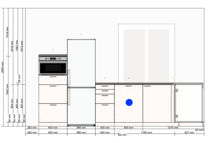 Ritning av planerat L-format kök med markerad placering för diskmaskin och dimensioner för skåp och vitvaror.