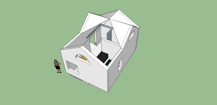 3D-skiss av komplementbostadshus med halvkällare och takkupor, bredvid en stående person.