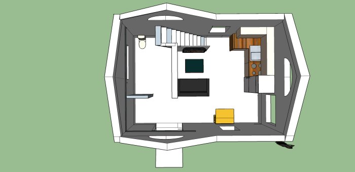 3D-skiss av komplementbostadshus med halvkällare, loft, och inredningslayout.