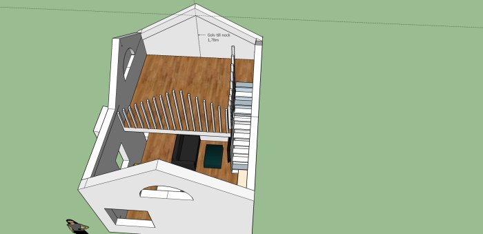 Skiss i Sketchup av komplementbostadshus med halvkällare, loft och takkupor.