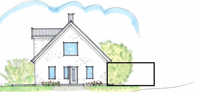 Illustration av ett hus med en skissad tillbyggnad av ett garage på långsidan.