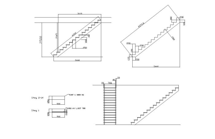 Ritningar av en trappa i olika vyer med måttangivelser för trappsteg och höjd.