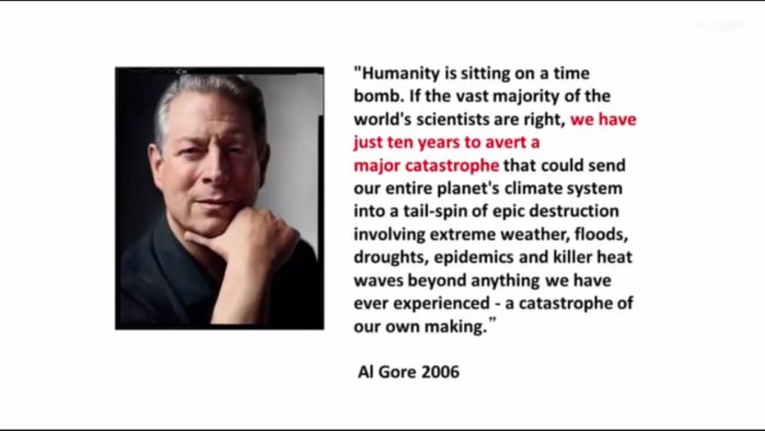 Bild av en man som tänker, med citat av Al Gore om klimatkatastrofer från 2006.