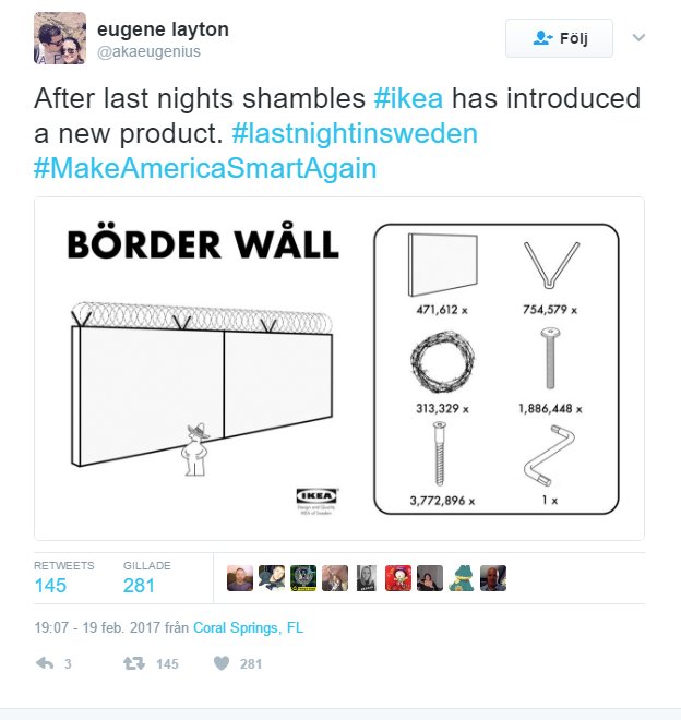 Satirisk bild av IKEA-instruktion för "BÖRDER WALL", inkluderar delar och verktyg för montering.