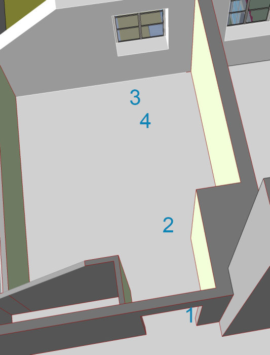 3D-skiss av ett rum med numrerade positioner för platsbyggda hyllor/garderober.