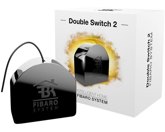 Fibaro Double Switch 2 och dess förpackning, ett smart hem- tillbehör för styrning av belysning och apparater.